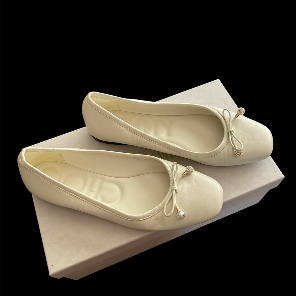 Jimmy Choo Elme Leather Bow Ballerina Flats in Latte